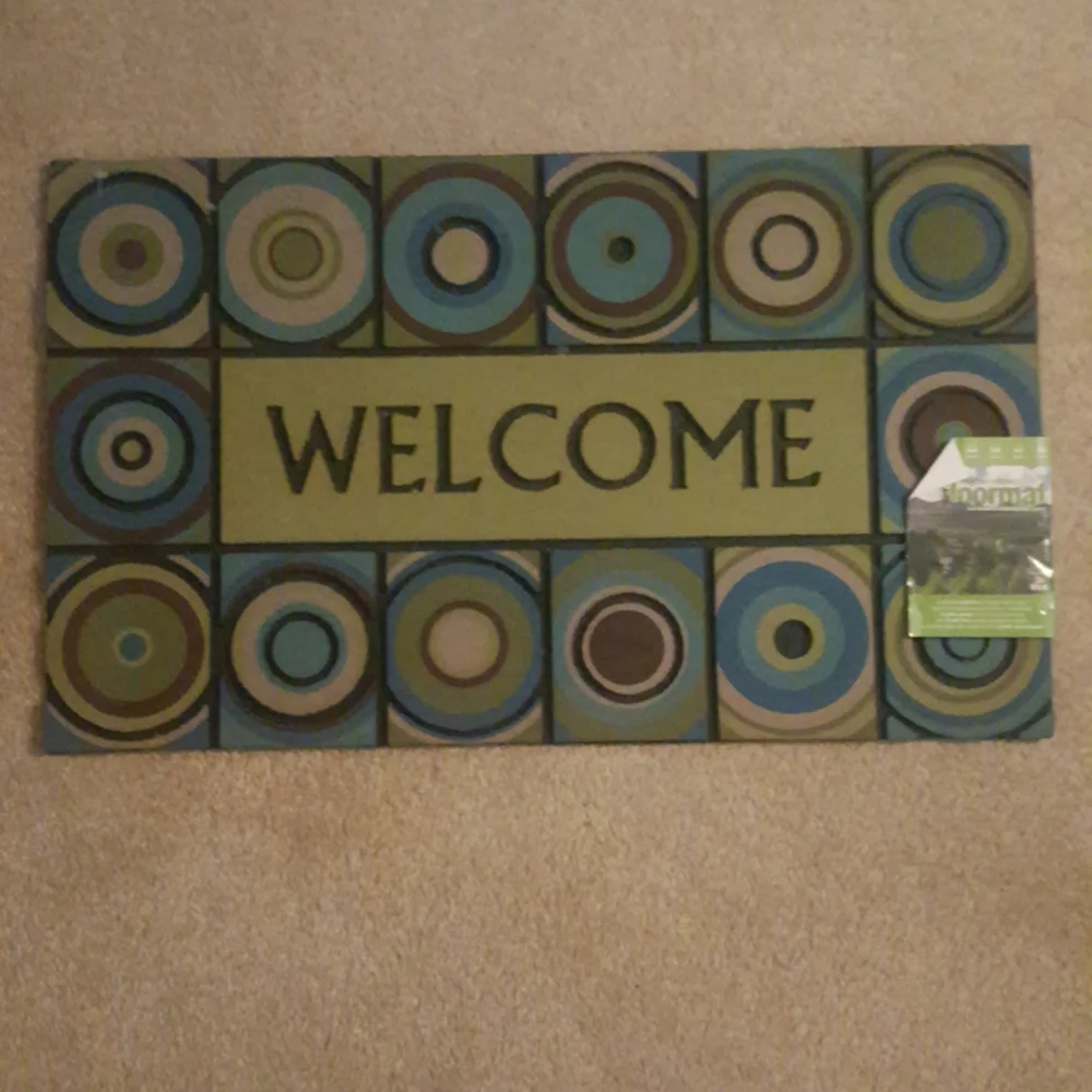 Mohawk HOme new lime green, blue WELCOME DOORMAt thick rubber new with tags